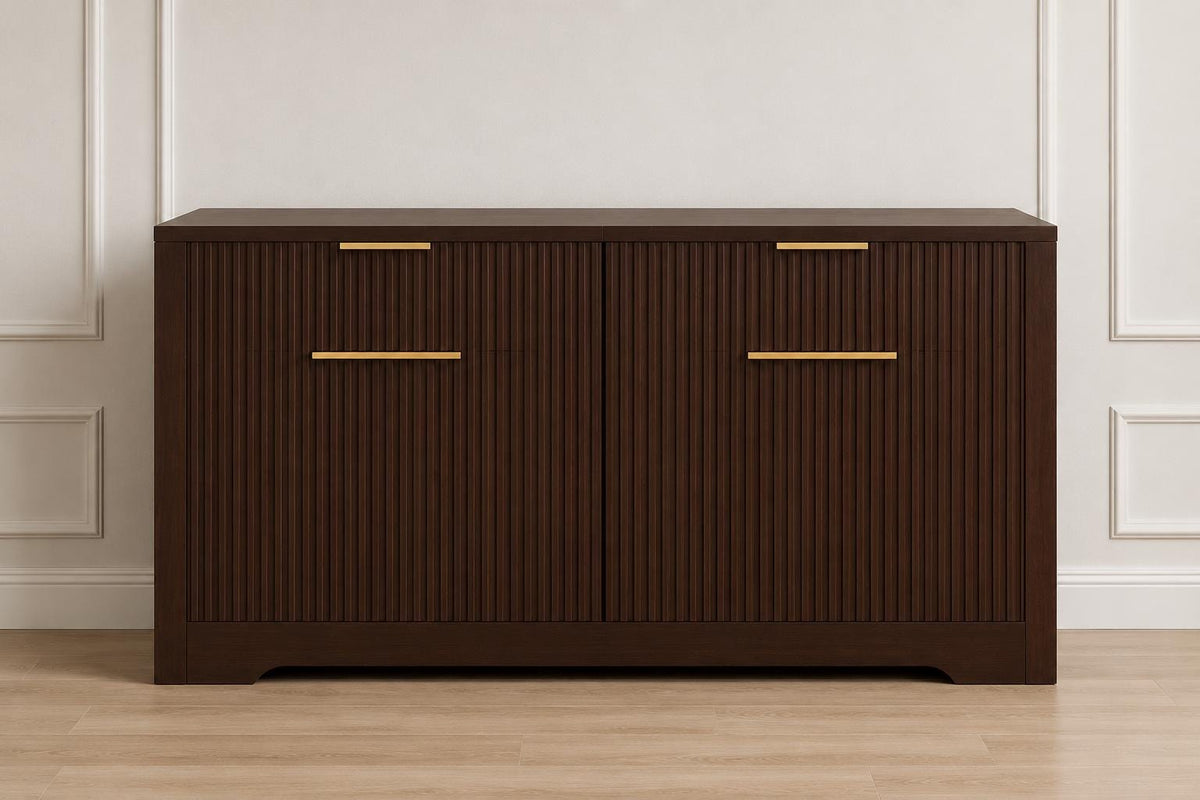 55.1" Fluted Buffet Cabinet with Storage, Modern Black Walnut Sideboard Credenza with 3 Drawers & Adjustable Shelves