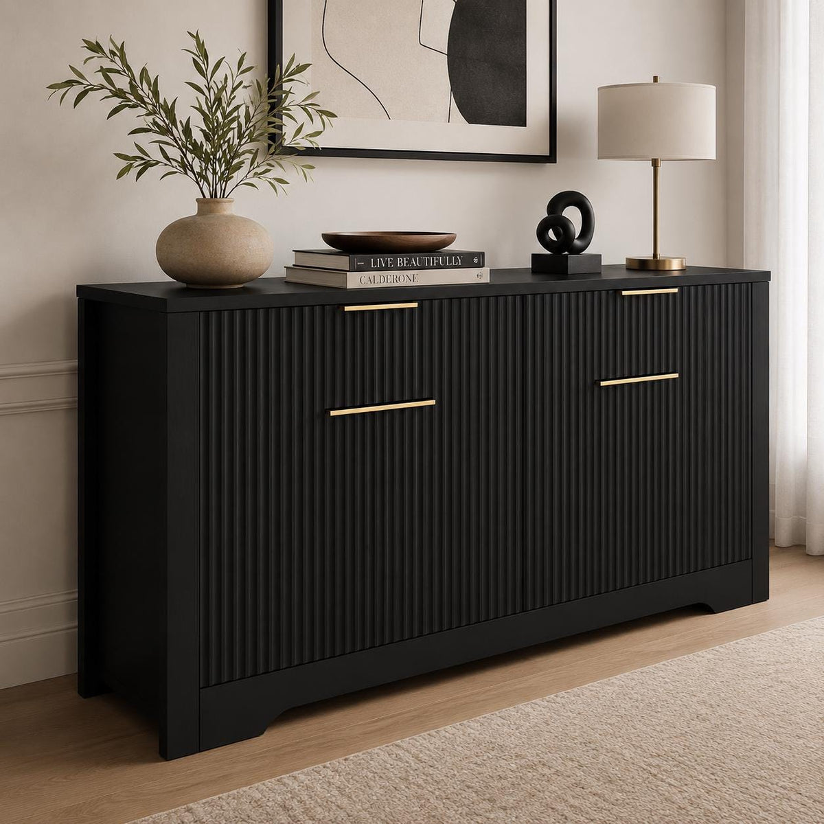 55.1" Fluted Buffet Cabinet with Storage, Modern Black Walnut Sideboard Credenza with 3 Drawers & Adjustable Shelves