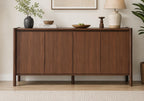 59" Wide Walnut Buffet Cabinet with Storage, Mid Century Modern Sideboard Cabinet with 4 Doors & Adjustable Shelves