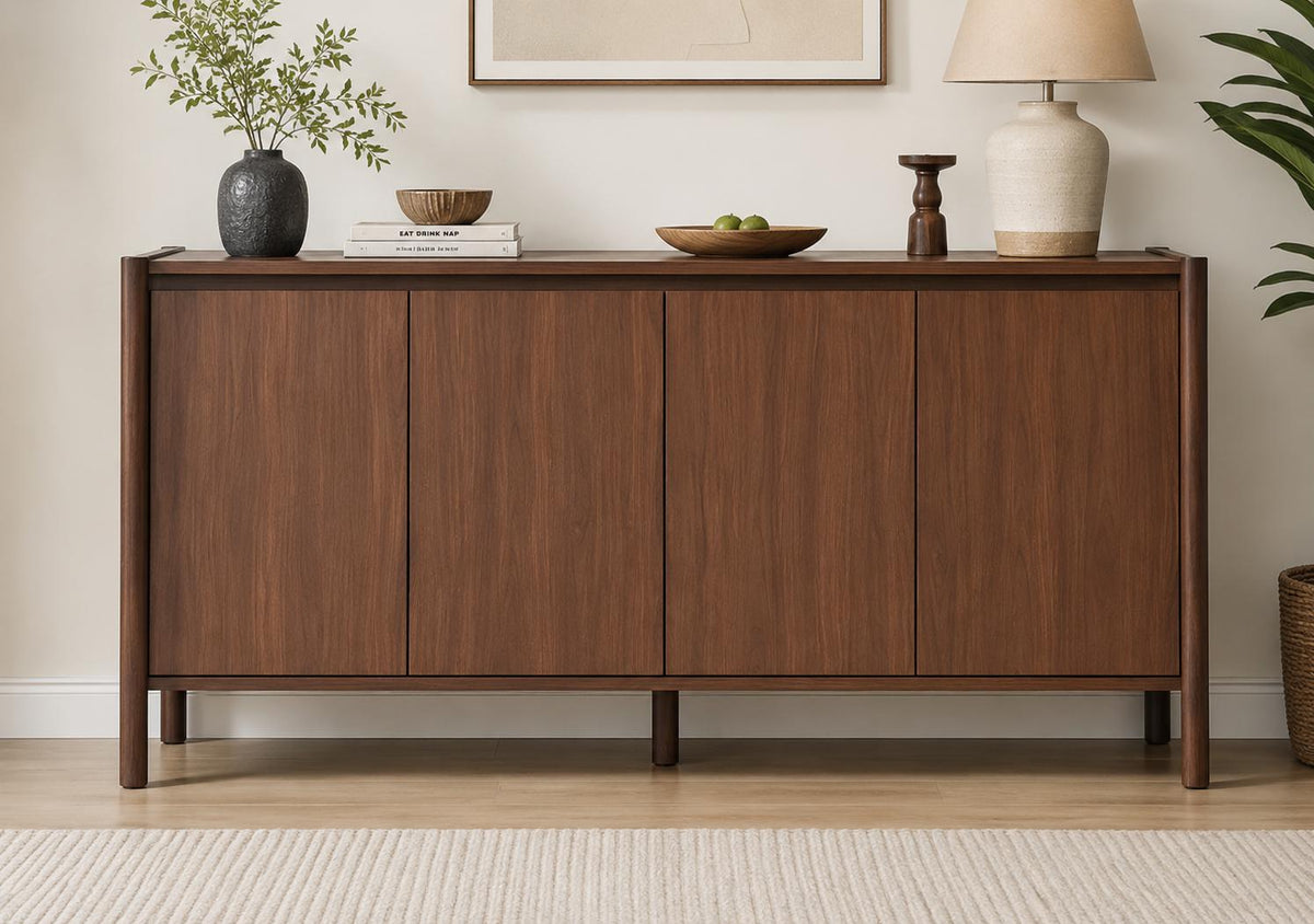 59" Wide Walnut Buffet Cabinet with Storage, Mid Century Modern Sideboard Cabinet with 4 Doors & Adjustable Shelves
