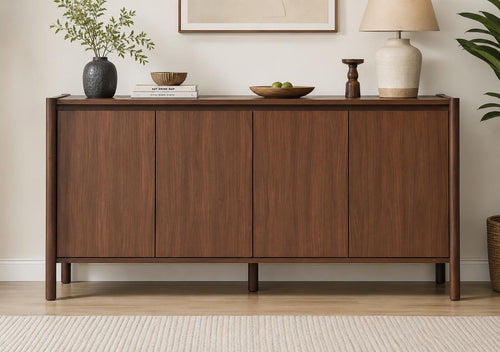 59" Wide Walnut Buffet Cabinet with Storage, Mid Century Modern Sideboard Cabinet with 4 Doors & Adjustable Shelves