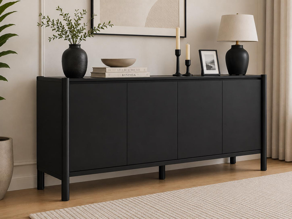 59" Wide Walnut Buffet Cabinet with Storage, Mid Century Modern Sideboard Cabinet with 4 Doors & Adjustable Shelves