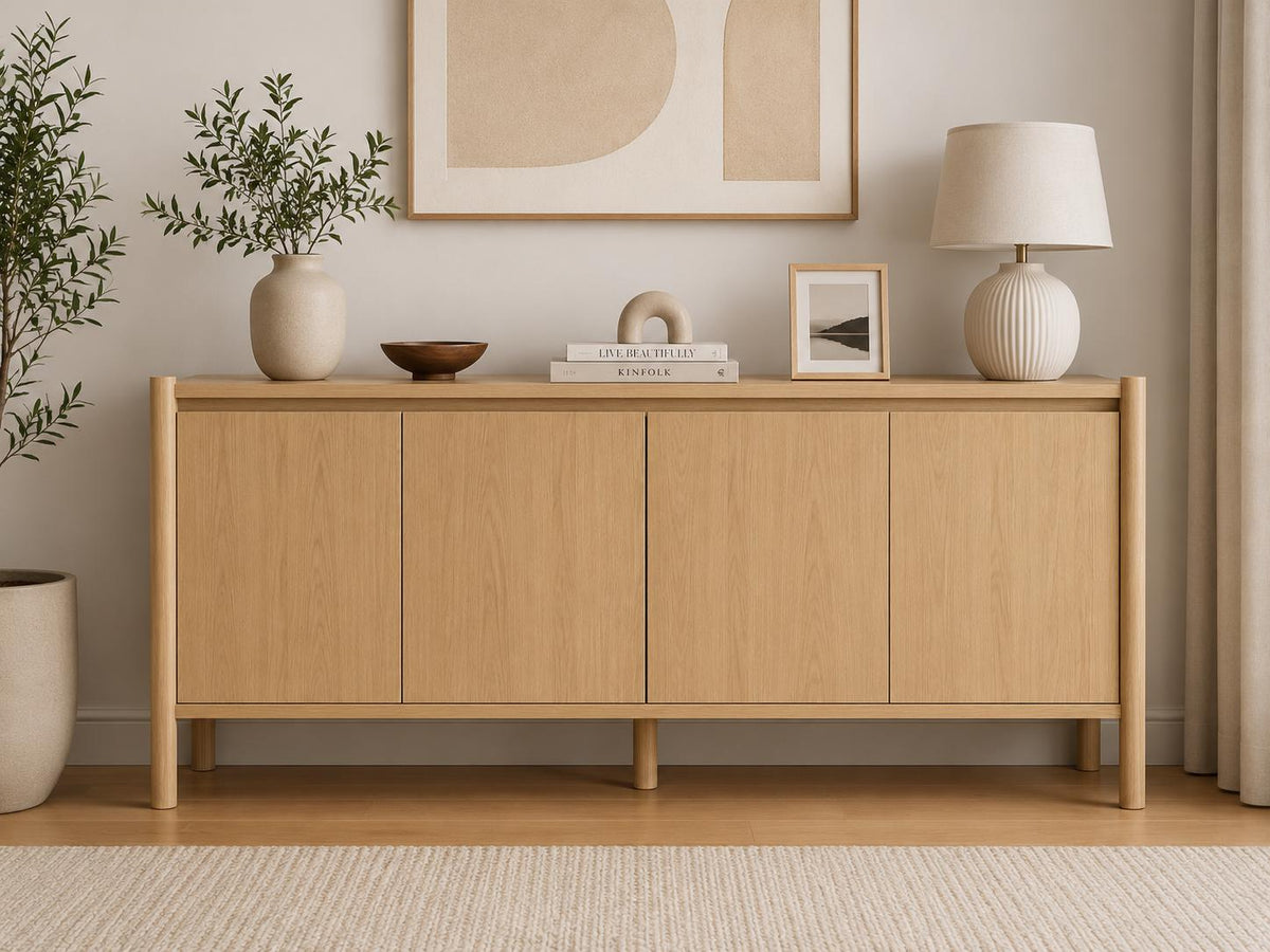 59" Wide Walnut Buffet Cabinet with Storage, Mid Century Modern Sideboard Cabinet with 4 Doors & Adjustable Shelves