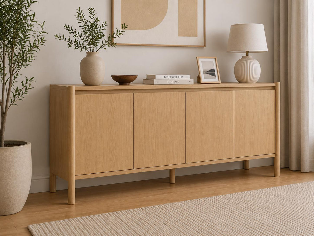 59" Wide Walnut Buffet Cabinet with Storage, Mid Century Modern Sideboard Cabinet with 4 Doors & Adjustable Shelves