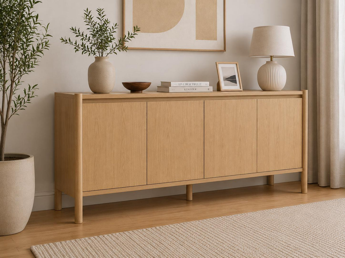59" Wide Walnut Buffet Cabinet with Storage, Mid Century Modern Sideboard Cabinet with 4 Doors & Adjustable Shelves