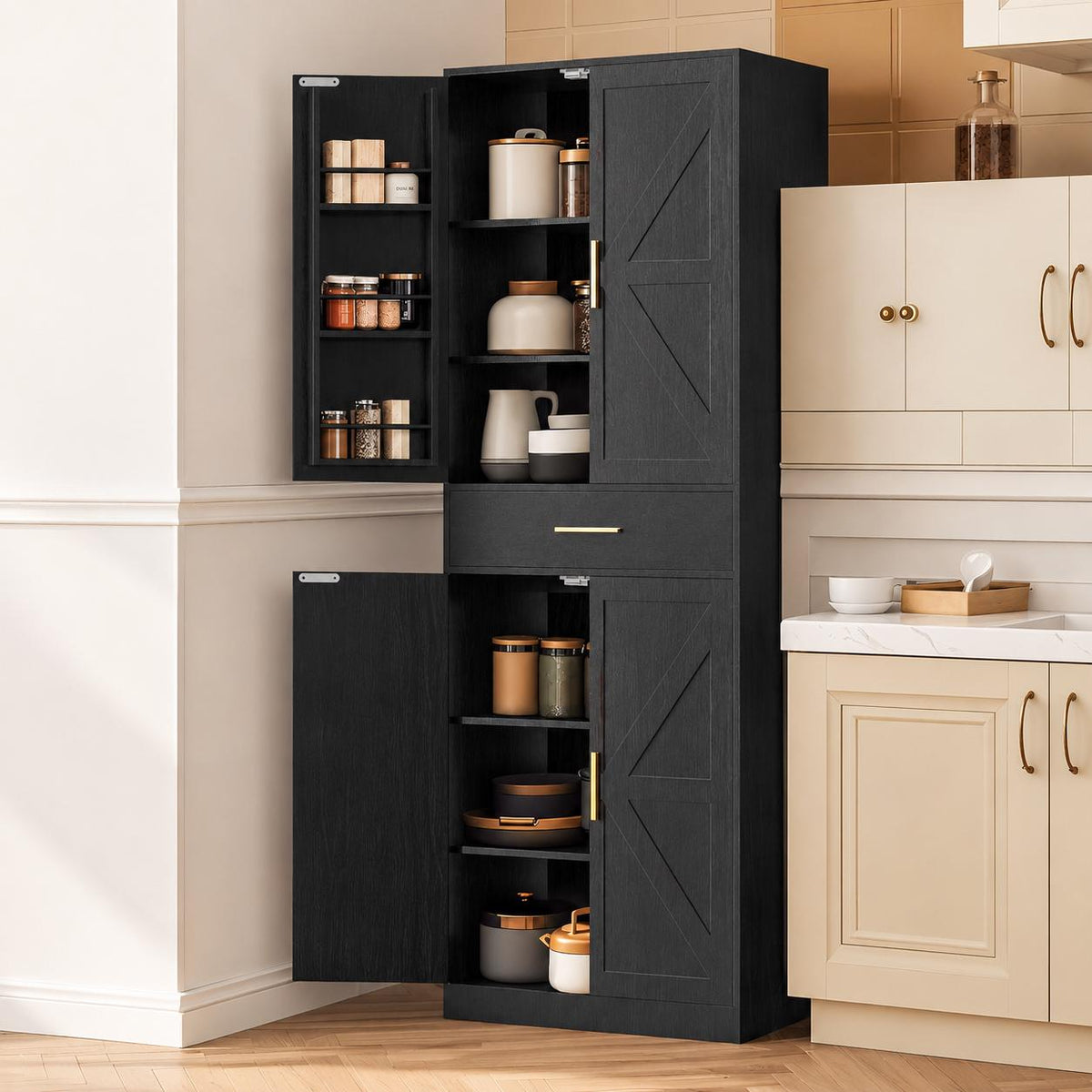 Tall Farmhouse Pantry Cabinet, Rustic 4-Door Kitchen Storage with Drawer