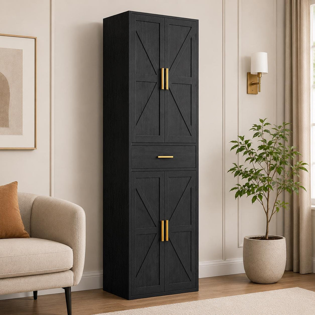 Tall Farmhouse Pantry Cabinet, Rustic 4-Door Kitchen Storage with Drawer