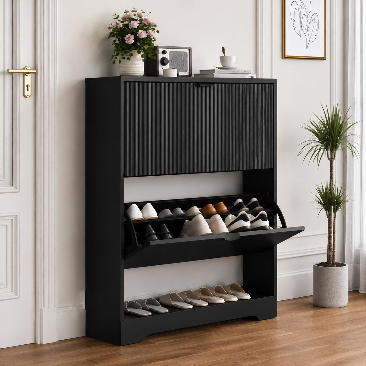Black Fluted Shoe Cabinet, Slim Entryway Storage, 4 Flip Drawers, Adjustable Shelves