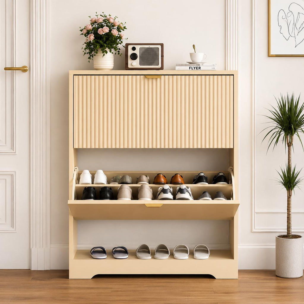 Black Fluted Shoe Cabinet, Slim Entryway Storage, 4 Flip Drawers, Adjustable Shelves
