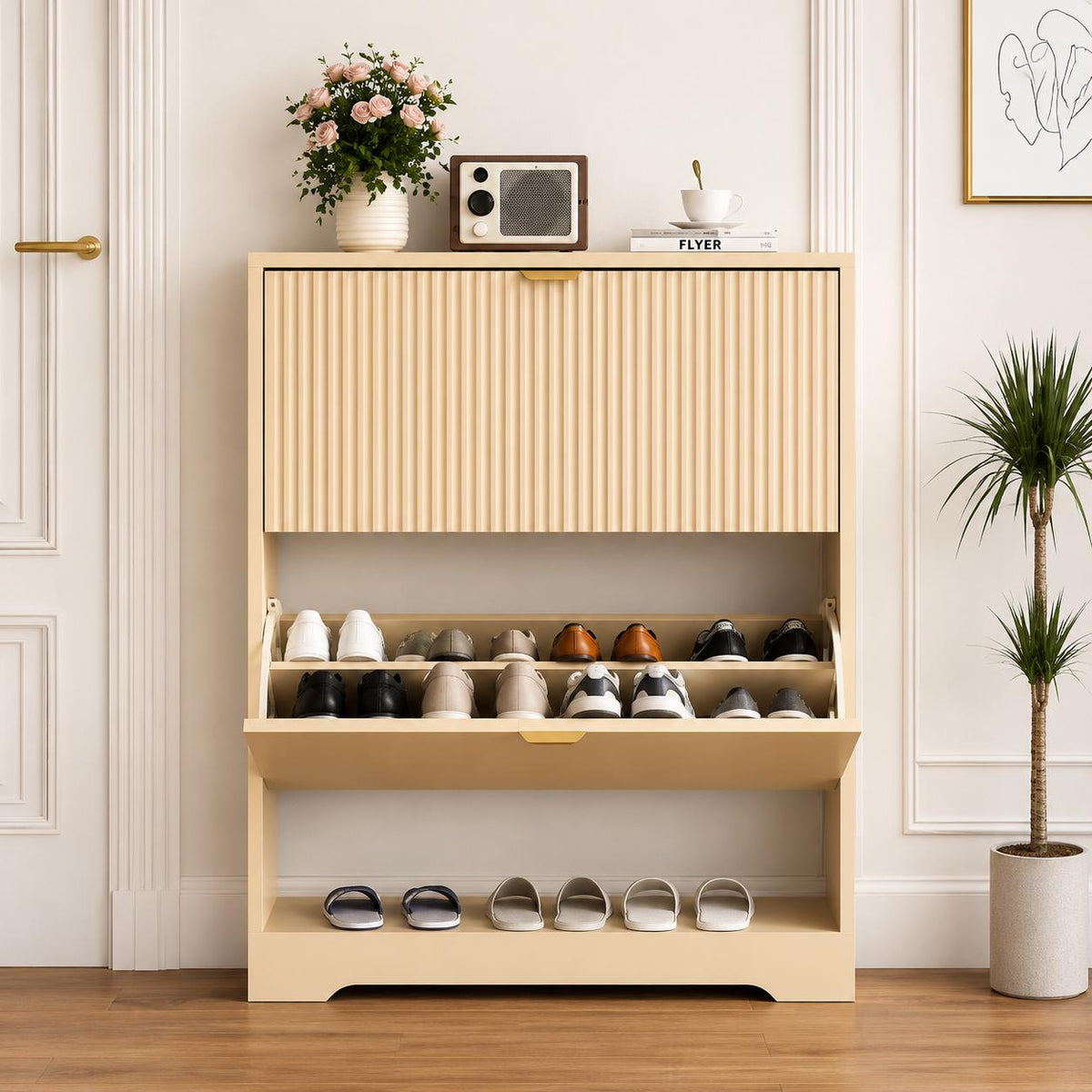 Black Fluted Shoe Cabinet, Slim Entryway Storage, 4 Flip Drawers, Adjustable Shelves