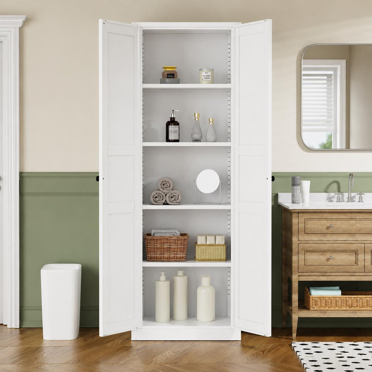 Farmhouse Metal Pantry Cabinet, 4 Door Kitchen Storage Cabinet, Tall Food Pantry Organizer, Adjustable Shelves Cabinet, White Steel Cupboard
