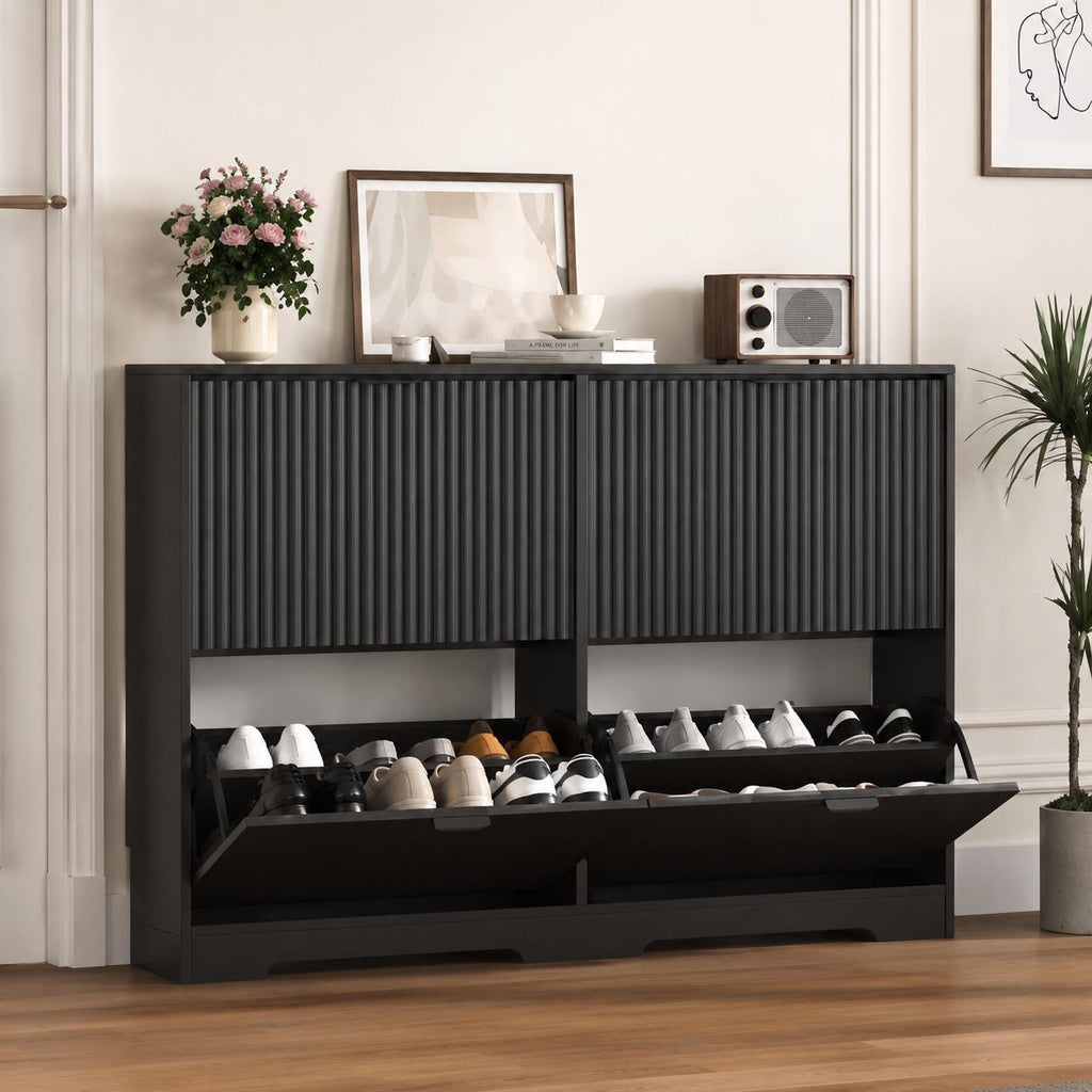Black Fluted Shoe Cabinet, Slim Entryway Storage, 4 Flip Drawers, Adjustable Shelves