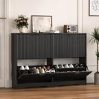 Black Fluted Shoe Cabinet, Slim Entryway Storage, 4 Flip Drawers, Adjustable Shelves