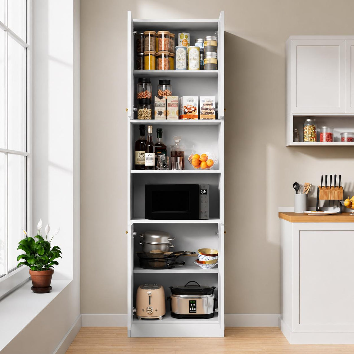 Modern Kitchen Pantry Cabinet with Open Shelves, 4-Door Storage Organizer, Tall Freestanding Bookcase Cabinet for Kitchen,