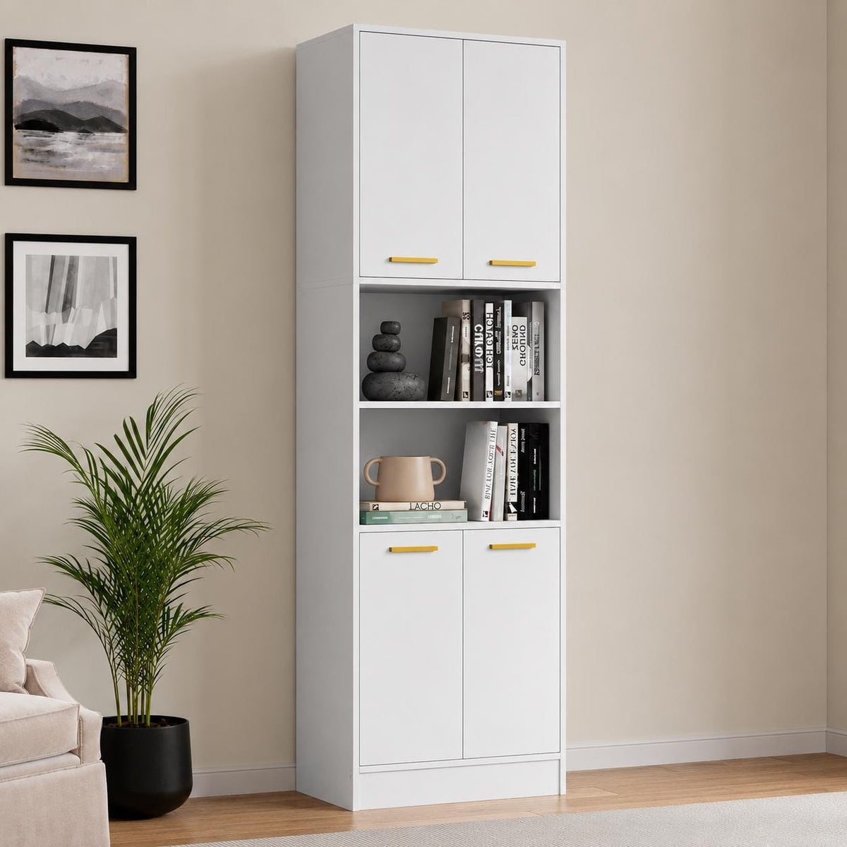 Modern Kitchen Pantry Cabinet with Open Shelves, 4-Door Storage Organizer, Tall Freestanding Bookcase Cabinet for Kitchen,