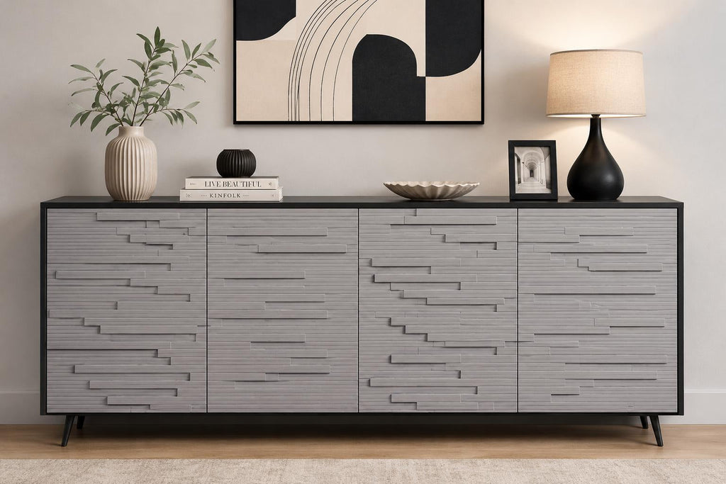 63" Black Grey Fluted Sideboard Cabinet, Modern 4-Door Credenza Storage Buffet