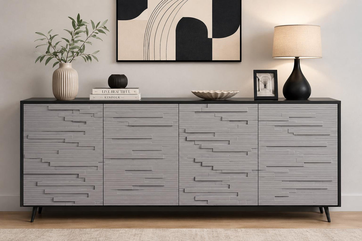 63" Black Grey Fluted Sideboard Cabinet, Modern 4-Door Credenza Storage Buffet