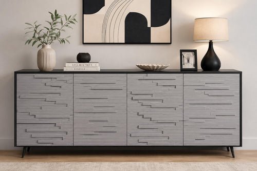 63" Black Grey Fluted Sideboard Cabinet, Modern 4-Door Credenza Storage Buffet