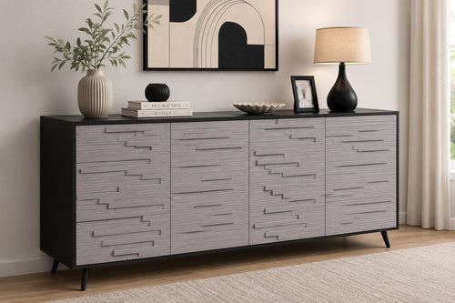 63" Black Grey Fluted Sideboard Cabinet, Modern 4-Door Credenza Storage Buffet