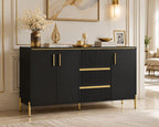 Modern Buffet Cabinet with Storage, Black & Gold Sideboard Cabinet with Fluted Drawers, Adjustable Shelves