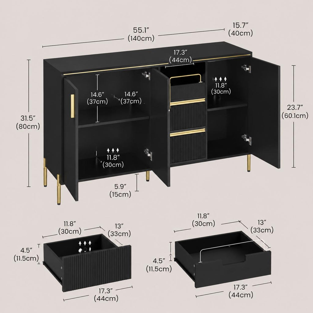 Modern Buffet Cabinet with Storage, Black & Gold Sideboard Cabinet with Fluted Drawers, Adjustable Shelves