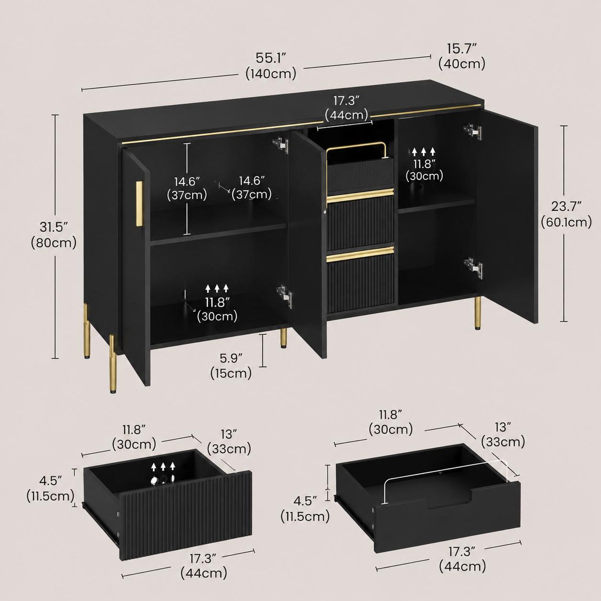Modern Buffet Cabinet with Storage, Black & Gold Sideboard Cabinet with Fluted Drawers, Adjustable Shelves