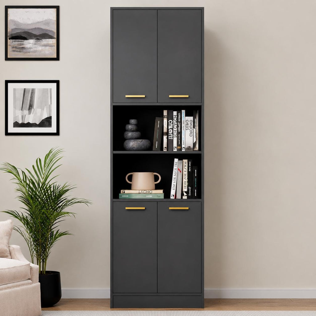 Modern Kitchen Pantry Cabinet with Open Shelves, 4-Door Storage Organizer, Tall Freestanding Bookcase Cabinet for Kitchen,