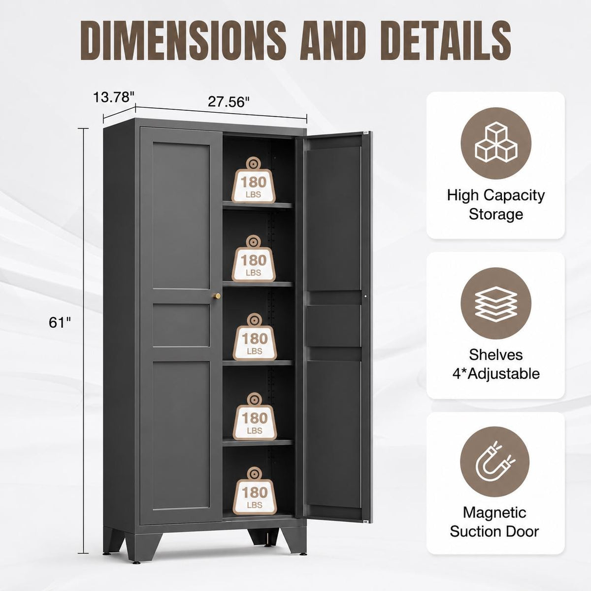 Heavy Duty Metal Storage Cabinet with Adjustable Shelves, Tall Kitchen Pantry Organizer, Steel Utility Cabinet for Home Office Garage