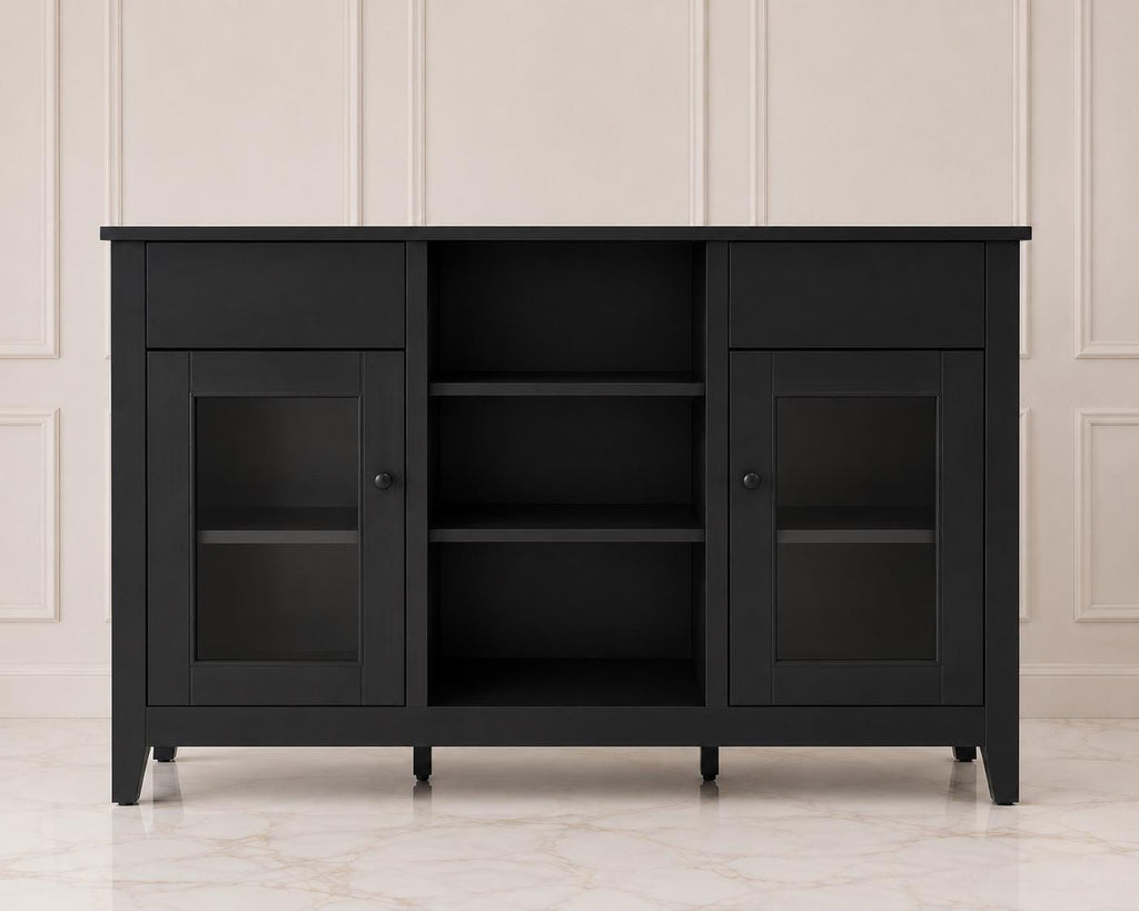 Modern Black Sideboard Cabinet with Faux Marble Top – 2 Drawers, 2 Doors Storage Console