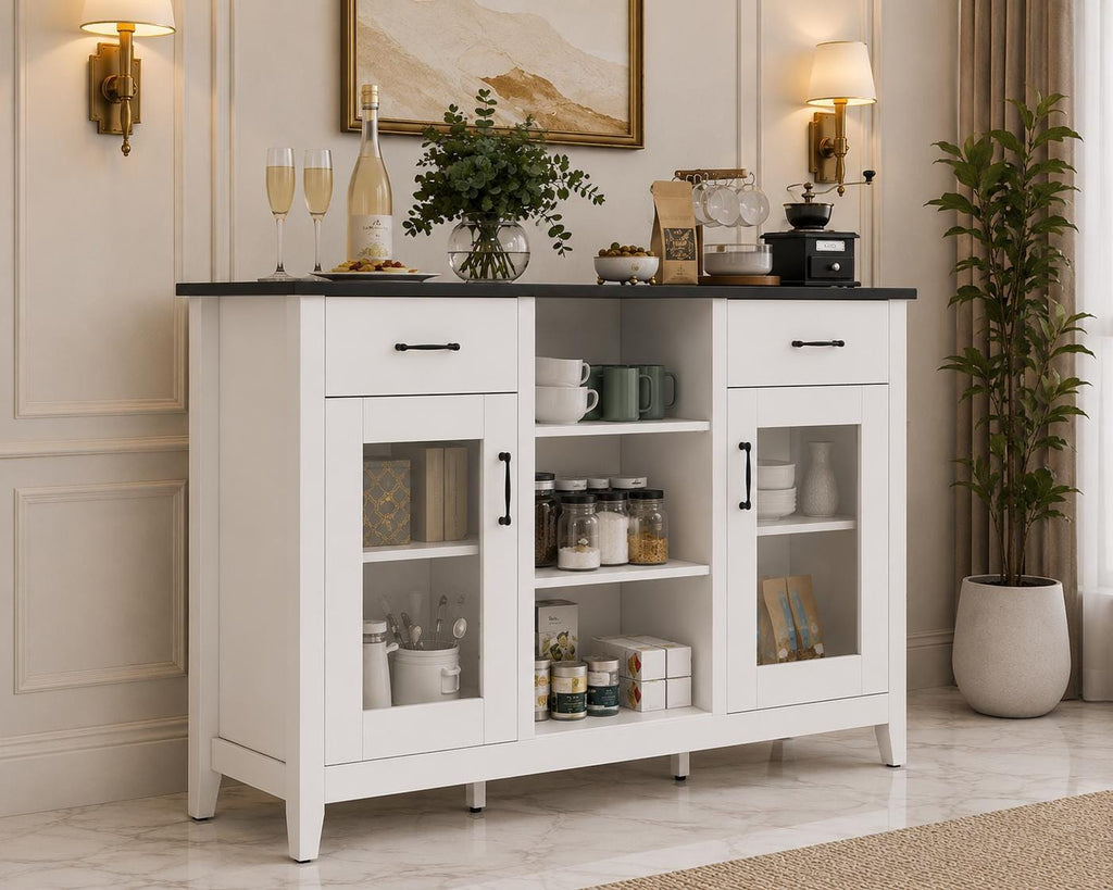 Modern Black Sideboard Cabinet with Faux Marble Top – 2 Drawers, 2 Doors Storage Console