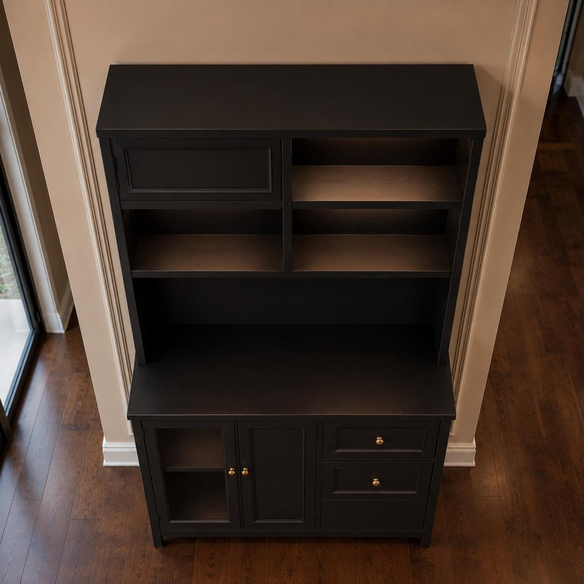 71" Tall Kitchen Pantry Cabinet with Microwave Shelf & Built-in Charging Station – Black