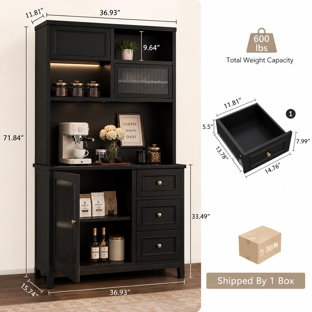 71" Tall Kitchen Pantry Cabinet with Microwave Shelf & Built-in Charging Station – Black
