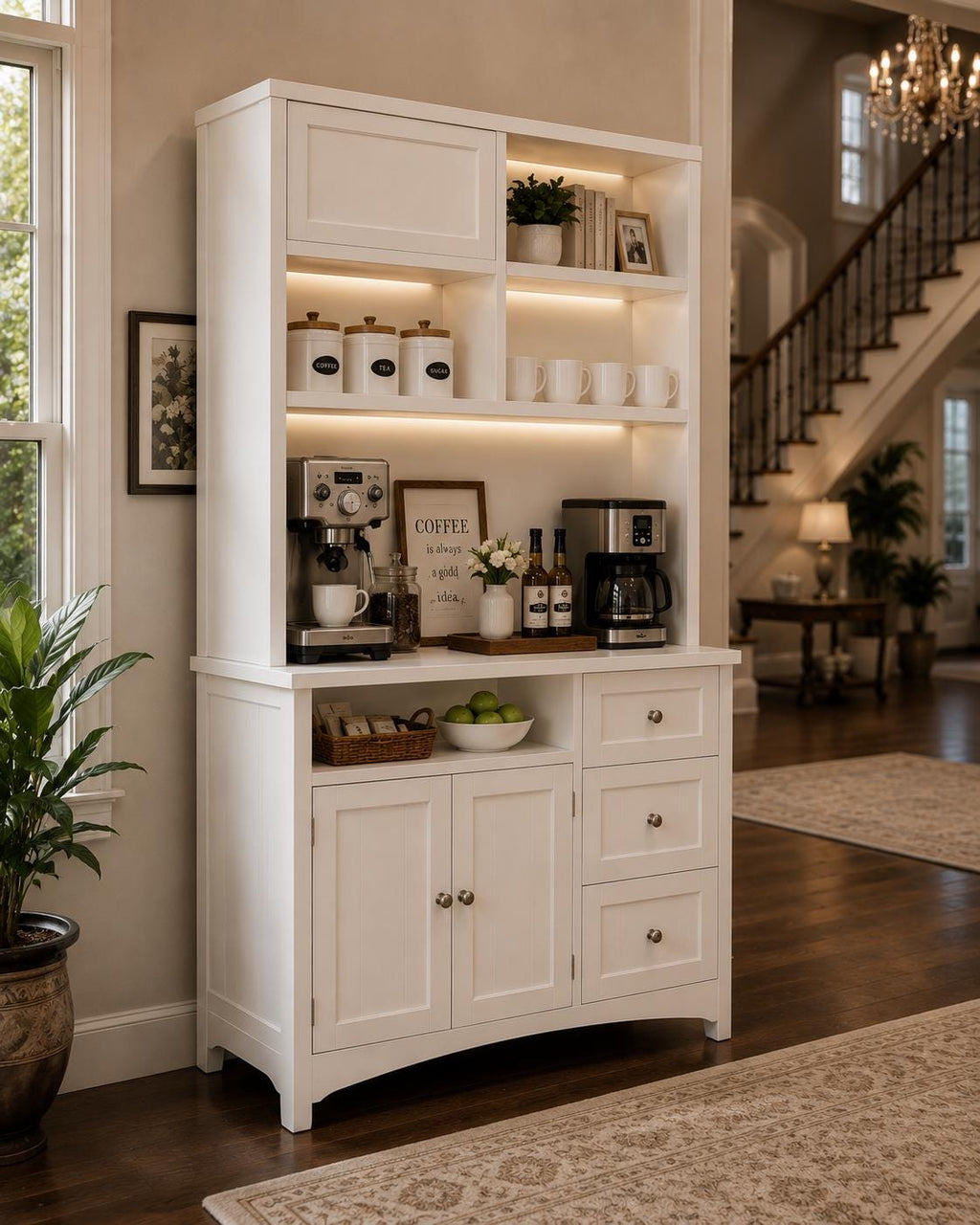 71" Tall Kitchen Pantry Cabinet with Microwave Shelf & Built-in Charging Station – Black