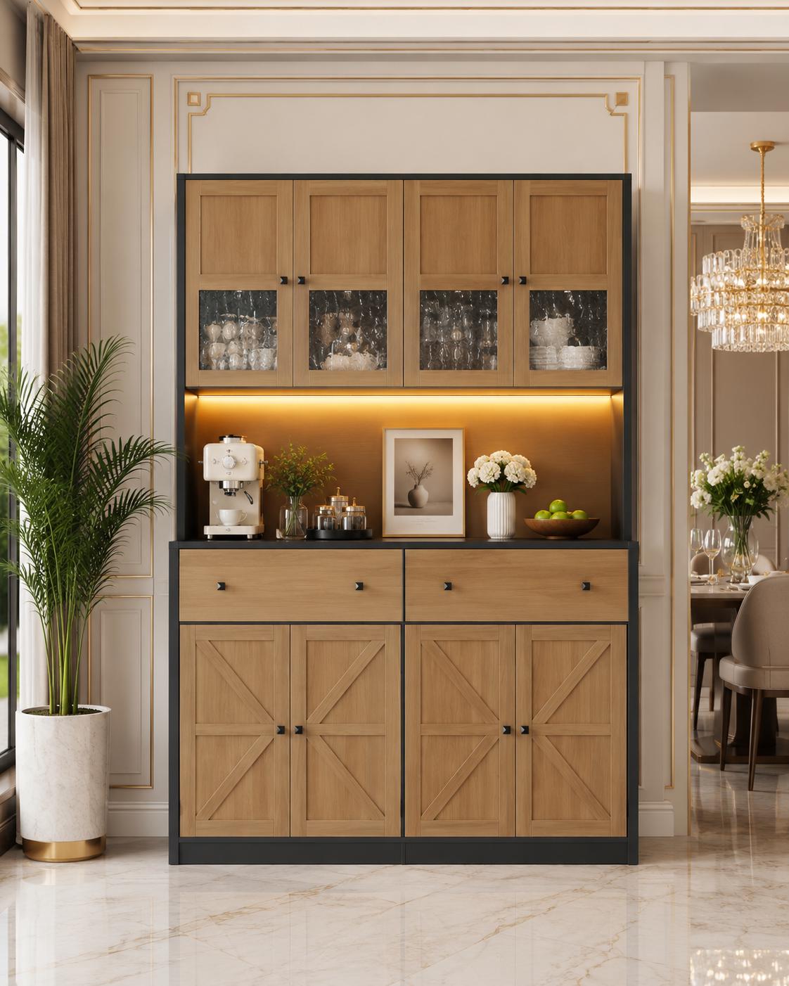 71" Farmhouse Kitchen Pantry Cabinet with LED Light & Charging Station, Large Food Storage Cabinet with Microwave Shelf, 47.2"