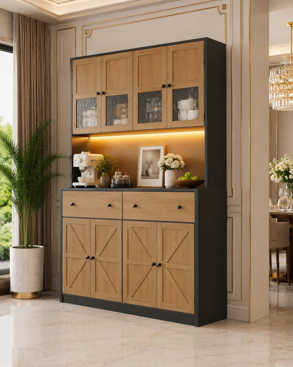 71" Farmhouse Kitchen Pantry Cabinet with LED Light & Charging Station, Large Food Storage Cabinet with Microwave Shelf, 47.2"