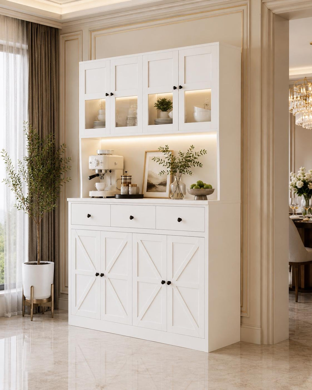 71" Farmhouse Kitchen Pantry Cabinet with LED Light & Charging Station, Large Food Storage Cabinet with Microwave Shelf, 47.2"
