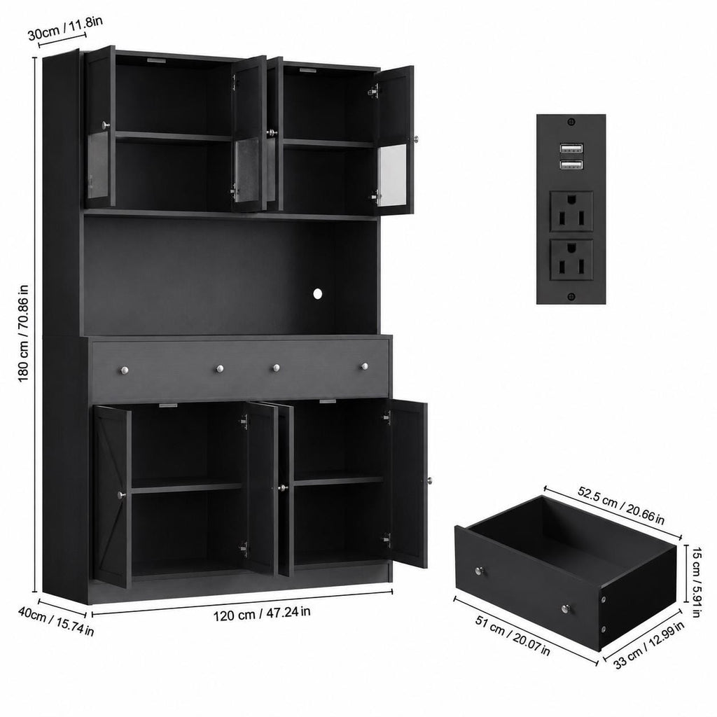 71" Farmhouse Kitchen Pantry Cabinet with LED Light & Charging Station, Large Food Storage Cabinet with Microwave Shelf, 47.2"