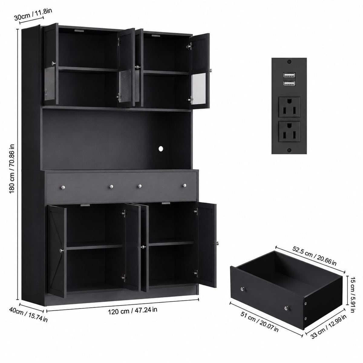 71" Farmhouse Kitchen Pantry Cabinet with LED Light & Charging Station, Large Food Storage Cabinet with Microwave Shelf, 47.2"