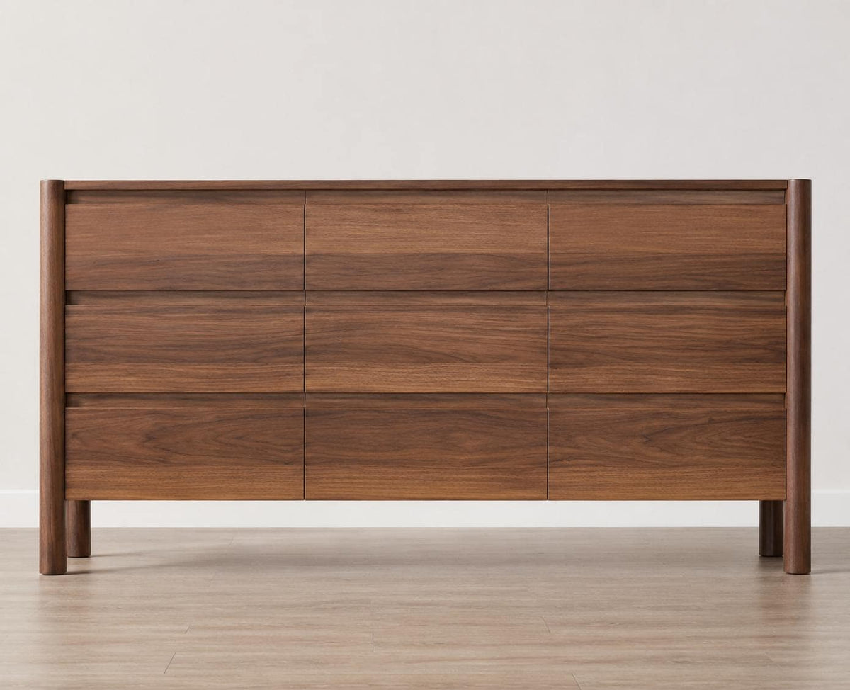 Walnut 9-Drawer Dresser for Bedroom – Modern Engineered Wood Storage Cabinet with Hidden Handles