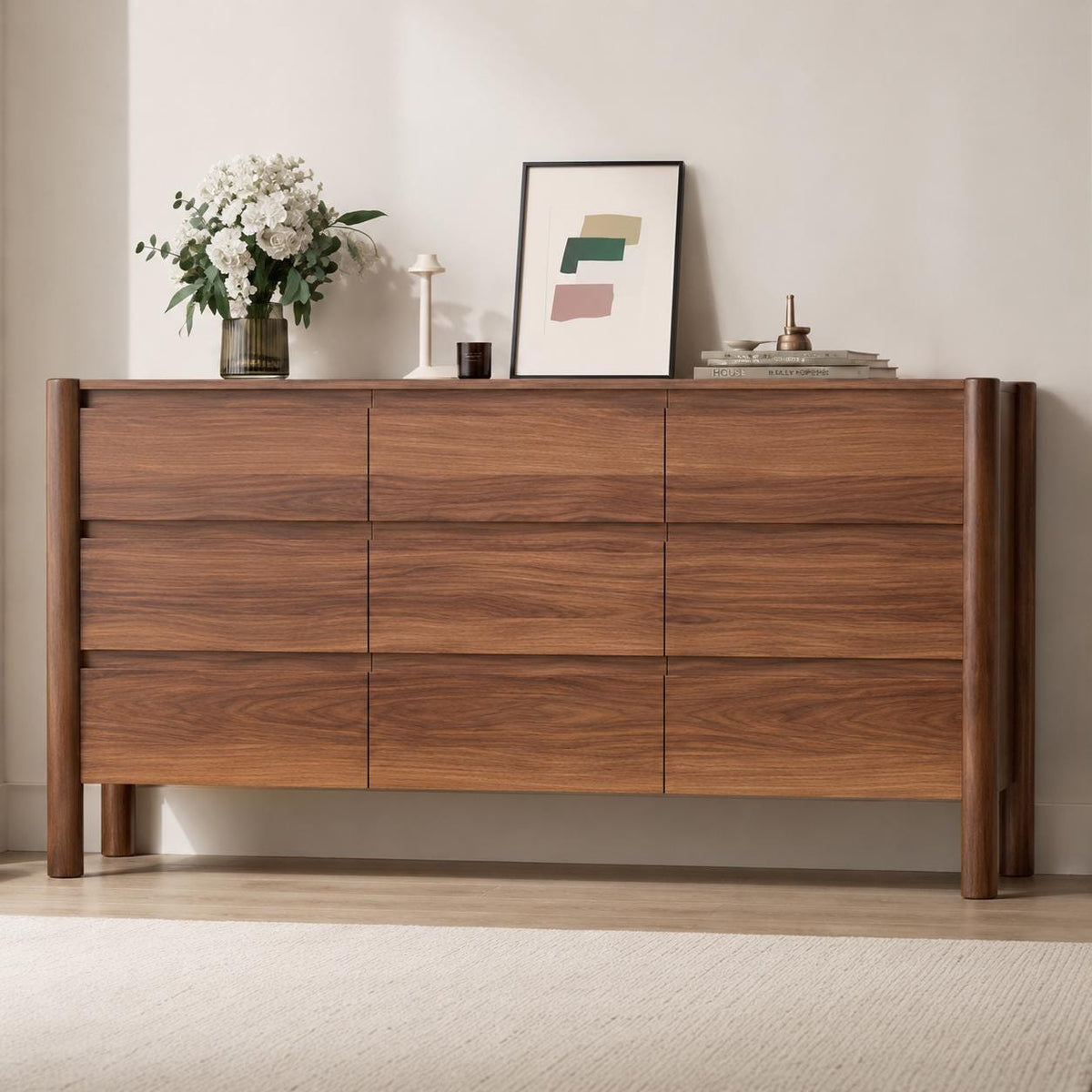 Walnut 9-Drawer Dresser for Bedroom – Modern Engineered Wood Storage Cabinet with Hidden Handles