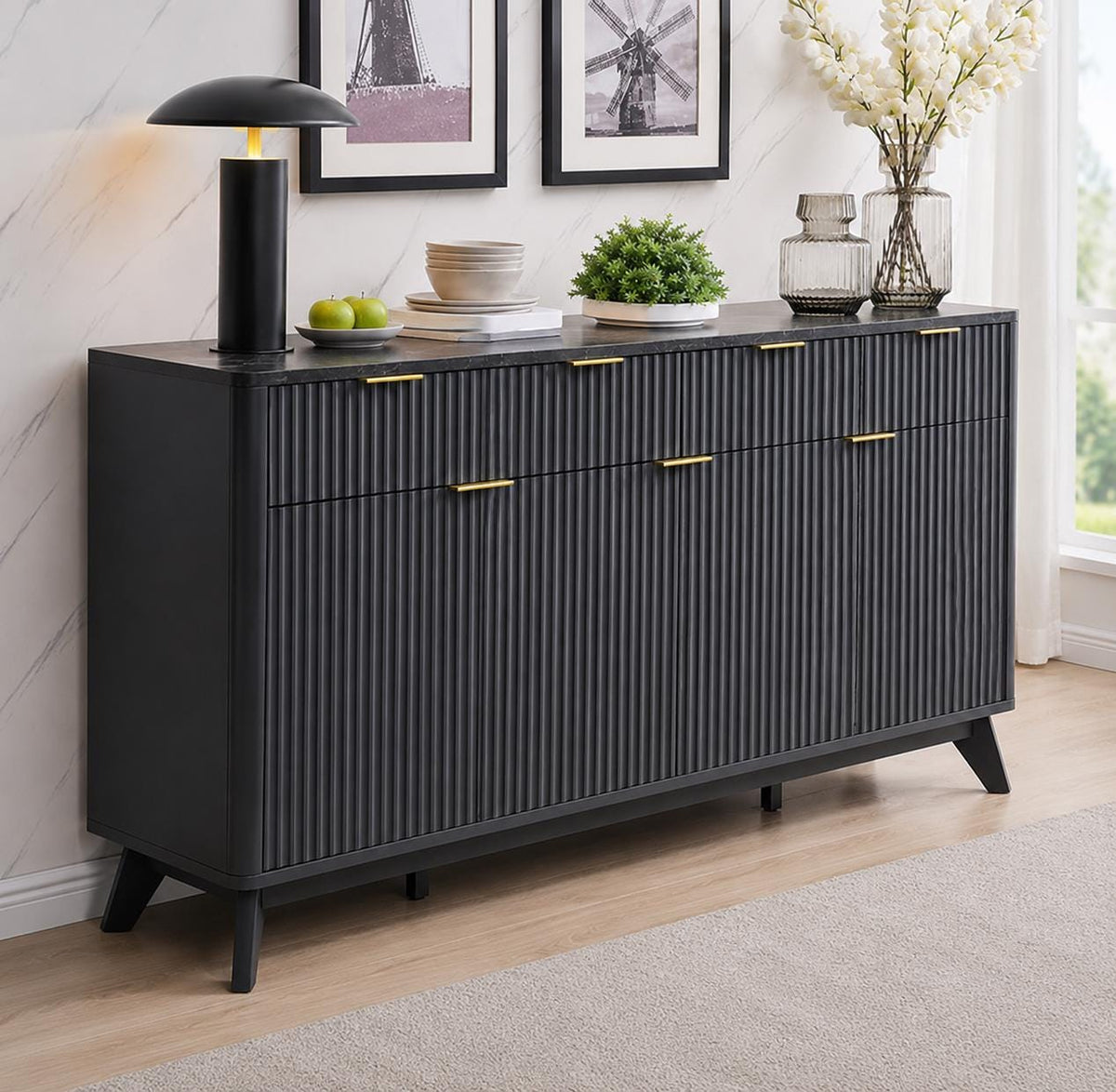 Modern Fluted Buffet Cabinet, Faux Marble Top, 3 Drawer Storage Sideboard