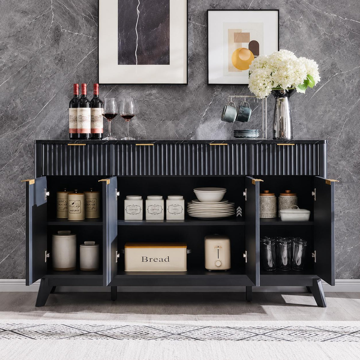 Modern Fluted Buffet Cabinet, Faux Marble Top, 3 Drawer Storage Sideboard