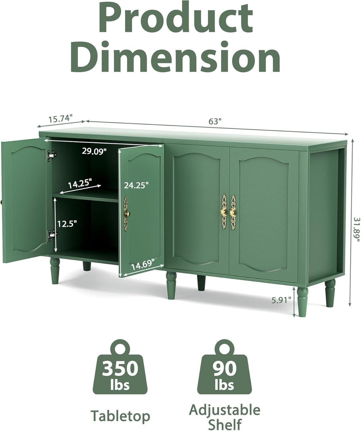 Fineway 63" Mid Century Sideboard Buffet Cabinet with Adjustable Shelves & Storage for Dining Room Living Room Kitchen