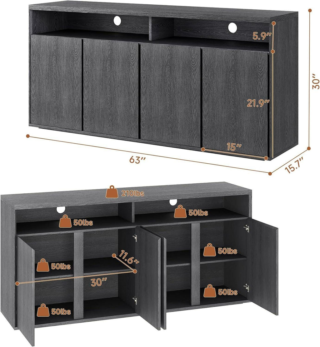 Modern Black Wood Grain Buffet Cabinet, 63-Inch Sideboard Console Table