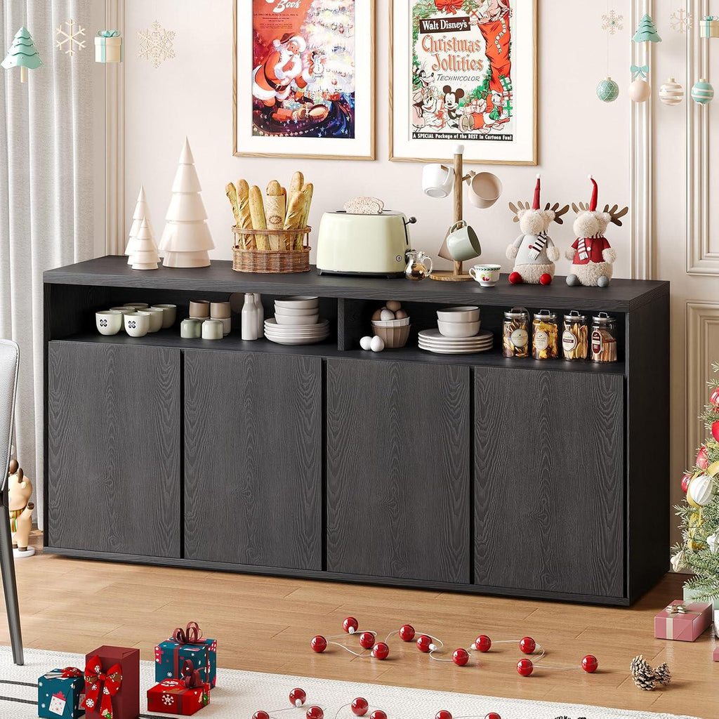 Modern Black Wood Grain Buffet Cabinet, 63-Inch Sideboard Console Table