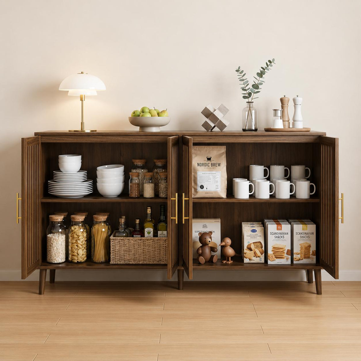 Modern Farmhouse Walnut Storage Cabinet, Slatted Doors Sideboard Buffet, Coffee Bar Home Furniture
