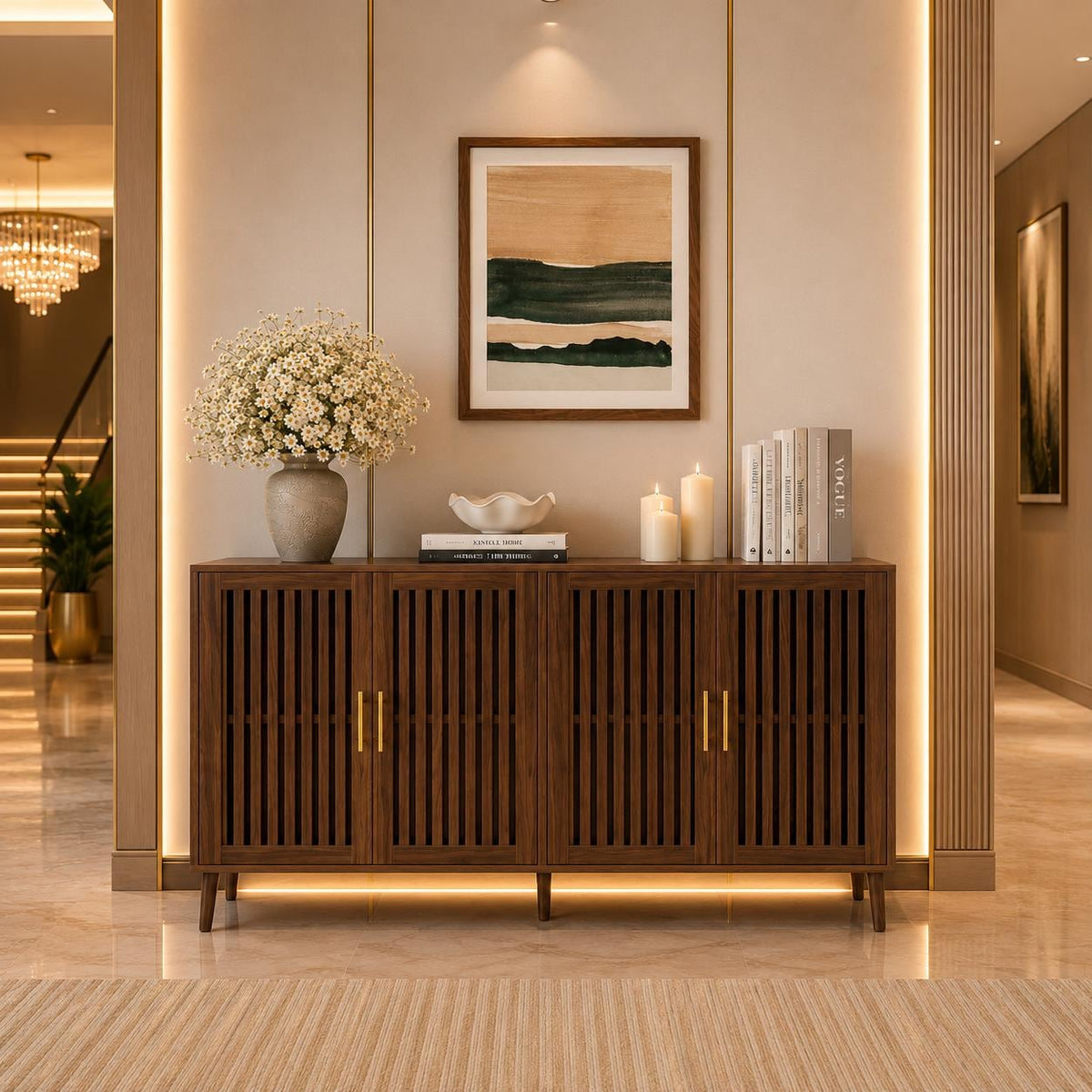 Modern Farmhouse Walnut Storage Cabinet, Slatted Doors Sideboard Buffet, Coffee Bar Home Furniture