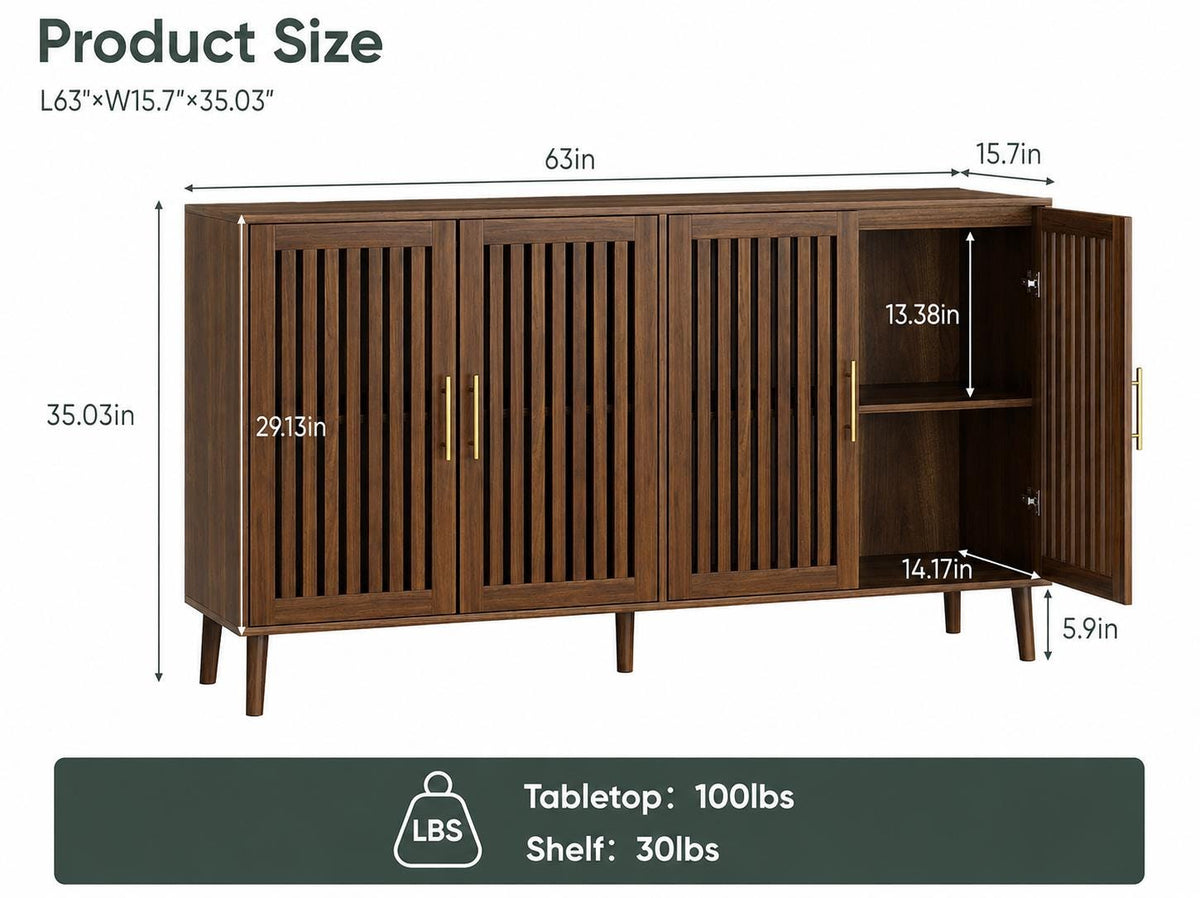 Modern Farmhouse Walnut Storage Cabinet, Slatted Doors Sideboard Buffet, Coffee Bar Home Furniture