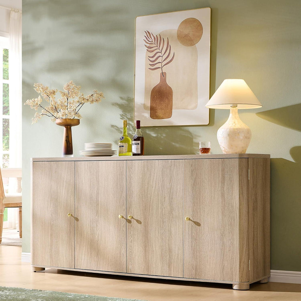 Modern Dark Wood Buffet Cabinet, Curved Edge, 4 Doors, Golden Handles, Sideboard Storage