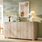 Modern Dark Wood Buffet Cabinet, Curved Edge, 4 Doors, Golden Handles, Sideboard Storage